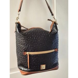 Dooney & Bourke Black Ostrich Embossed Leather Hobo Shoulder Bag Tan Trim